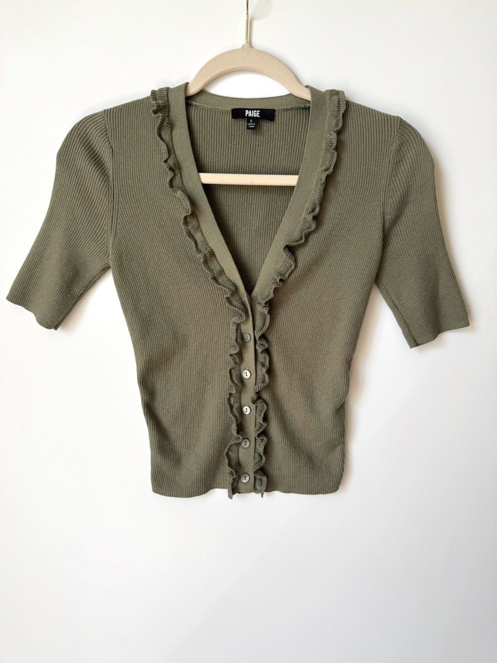 Paige Demetra Ruffle Rib Short Sleeve Cardigan Sweater - Picture 2 of 7